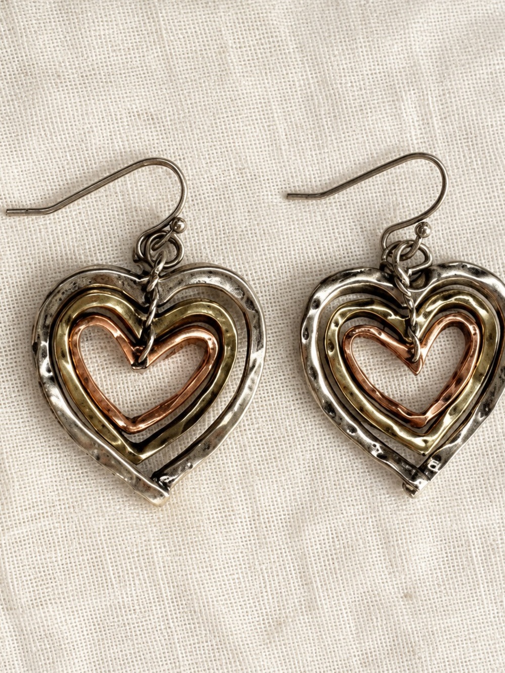 Tri-Metal Heart Drop Earrings - Silver, Gold & Rose Gold